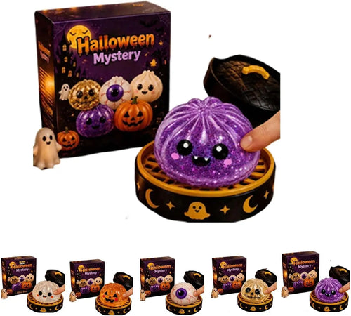 Purple glitter Halloween dumpling squishy toy in its gift tin