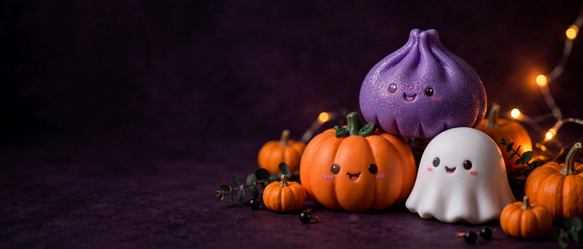 Halloween squishy toys — purple dumpling, pumpkin and ghost squishies on dark plum